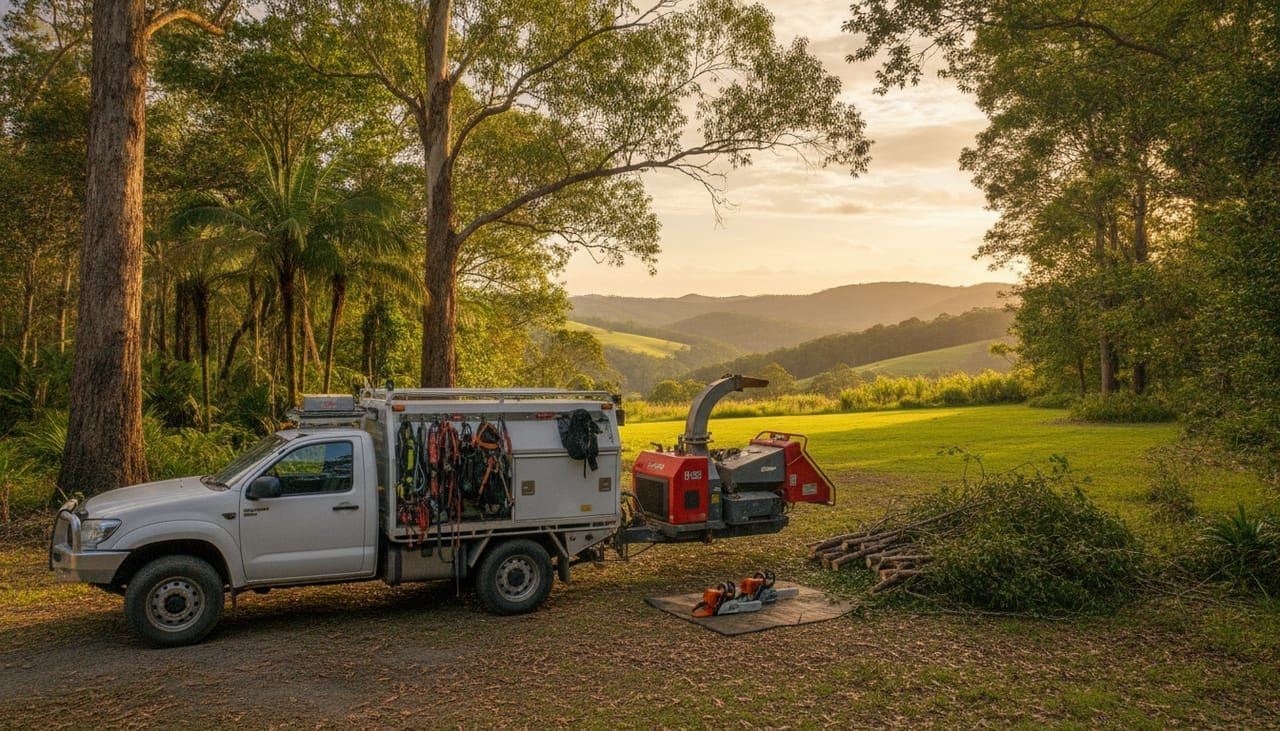 Blue Mountains Arborist work truck and wood chipper on site in the Blue Mountains